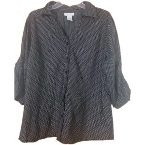 Worthington Shirt Womens 1X Black Blouse Top Button Silver Stretch HL202